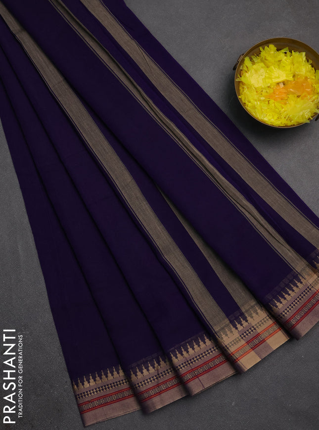 Narayanpet cotton saree violet and dark beige with plain body and temple design thraed woven border