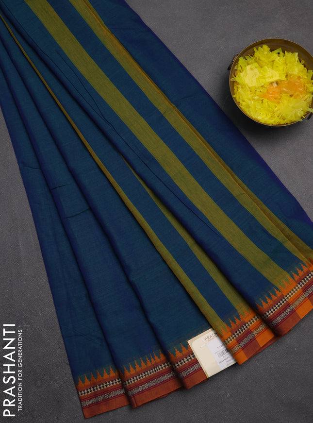 Narayanpet cotton saree dual shade of bluish green and dark mustard with plain body and temple design thraed woven border