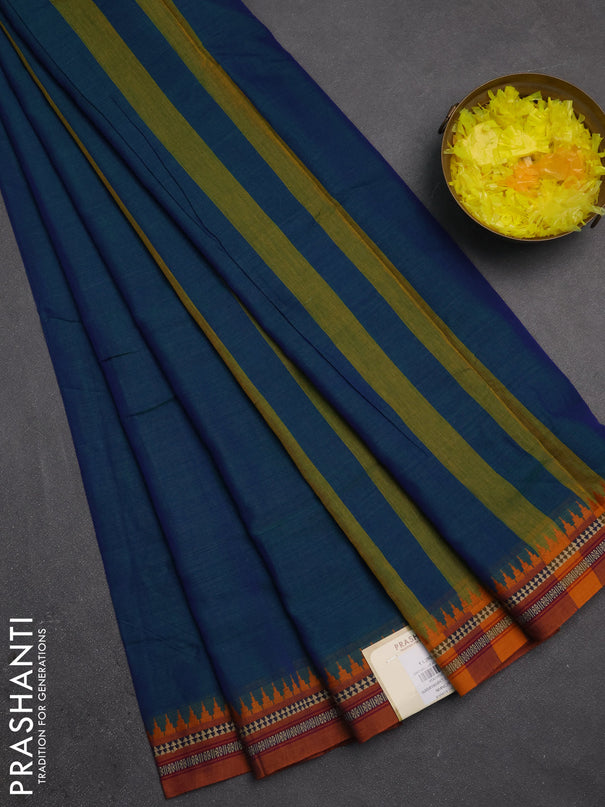 Narayanpet cotton saree dual shade of bluish green and dark mustard with plain body and temple design thraed woven border