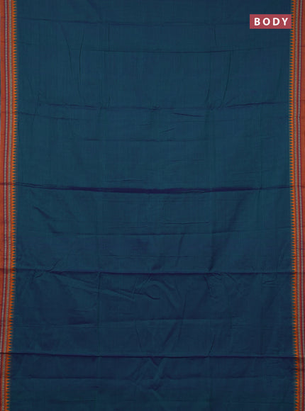 Narayanpet cotton saree dual shade of bluish green and dark mustard with plain body and temple design thraed woven border