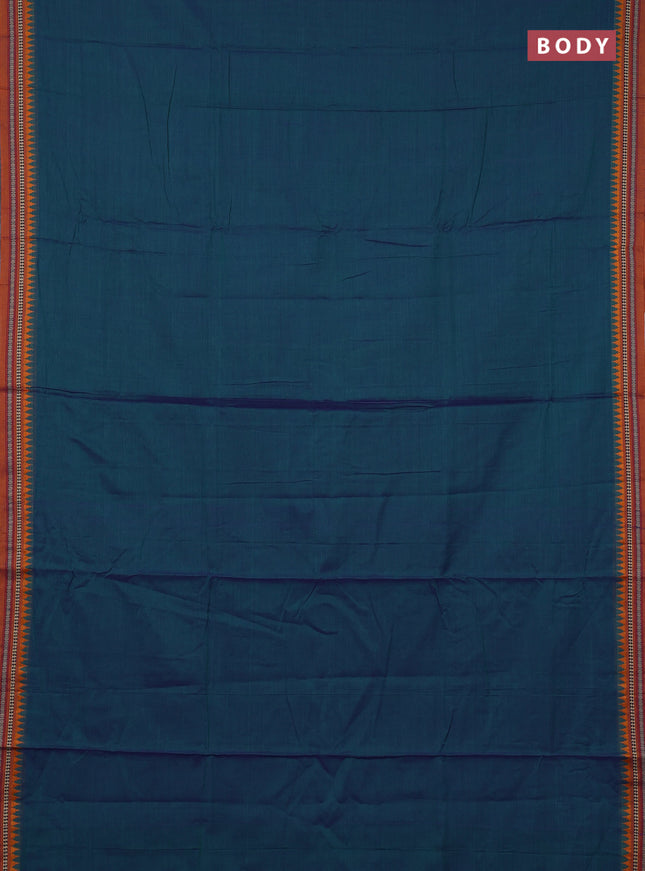 Narayanpet cotton saree dual shade of bluish green and dark mustard with plain body and temple design thraed woven border