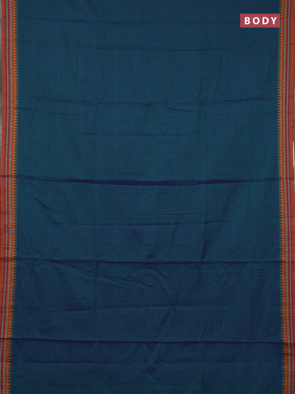 Narayanpet cotton saree dual shade of bluish green and dark mustard with plain body and temple design thraed woven border