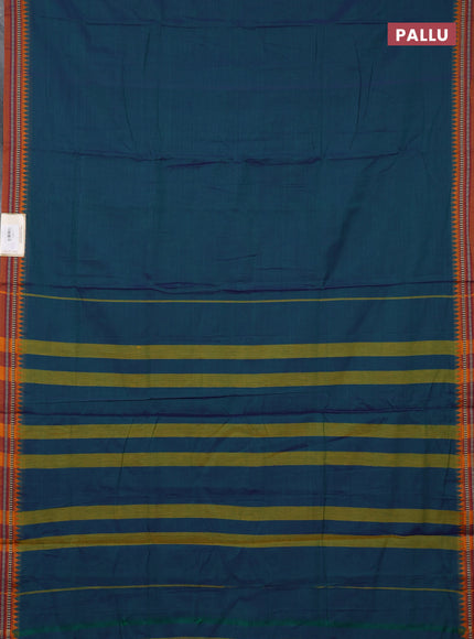Narayanpet cotton saree dual shade of bluish green and dark mustard with plain body and temple design thraed woven border