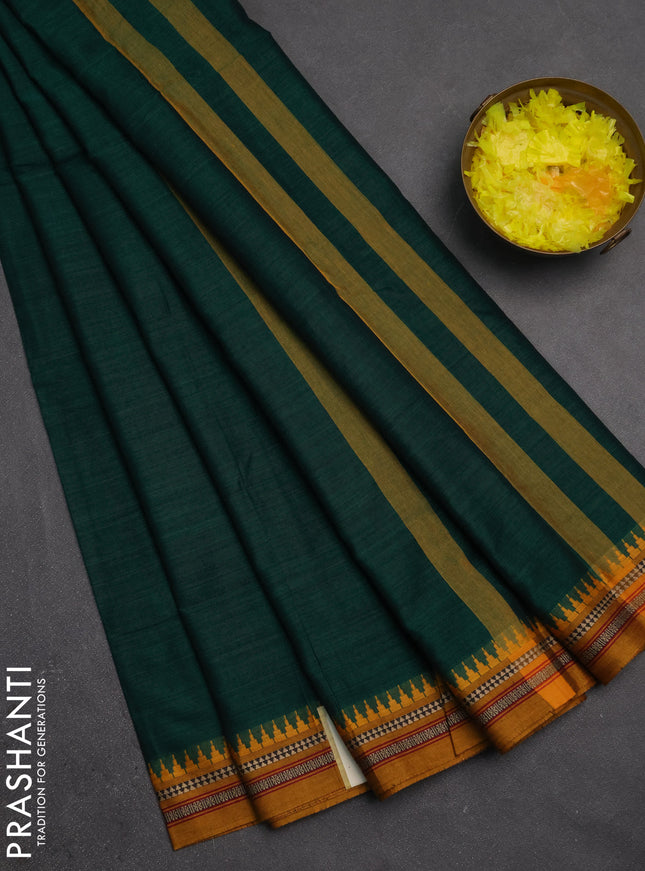 Narayanpet cotton saree green and dark mustard with plain body and temple design thraed woven border