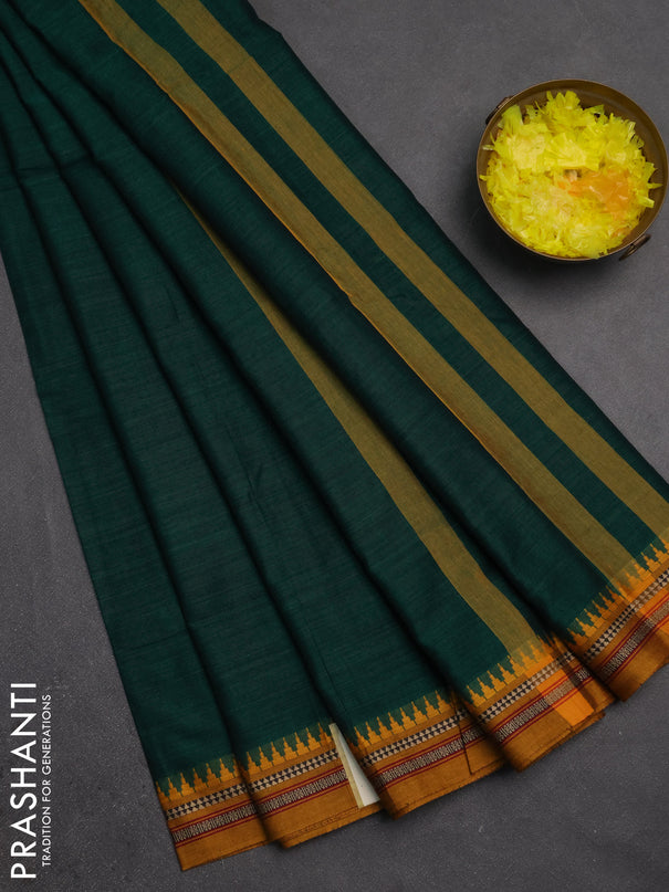 Narayanpet cotton saree green and dark mustard with plain body and temple design thraed woven border
