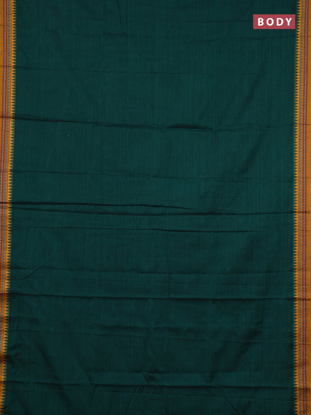 Narayanpet cotton saree green and dark mustard with plain body and temple design thraed woven border