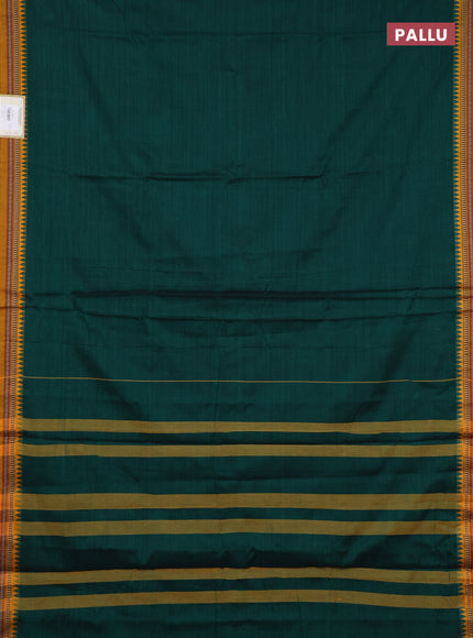 Narayanpet cotton saree green and dark mustard with plain body and temple design thraed woven border