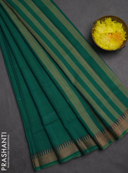 Narayanpet cotton saree green with plain body and temple design thraed woven border