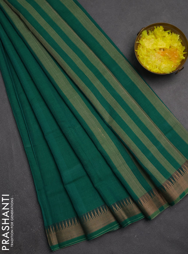 Narayanpet cotton saree green with plain body and temple design thraed woven border