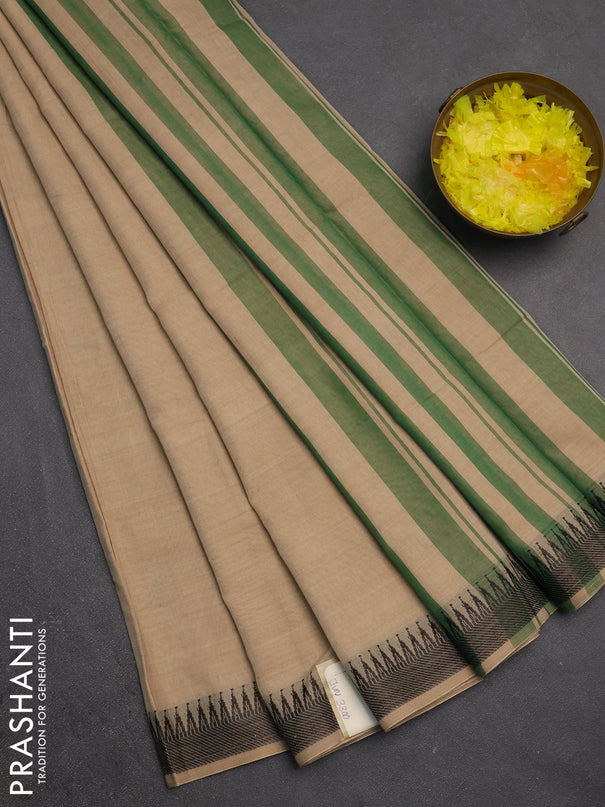 Narayanpet cotton saree sandal with plain body and temple design thraed woven border