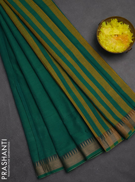 Narayanpet cotton saree green with plain body and temple design thraed woven border