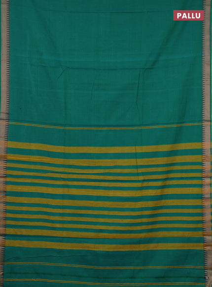 Narayanpet cotton saree green with plain body and temple design thraed woven border