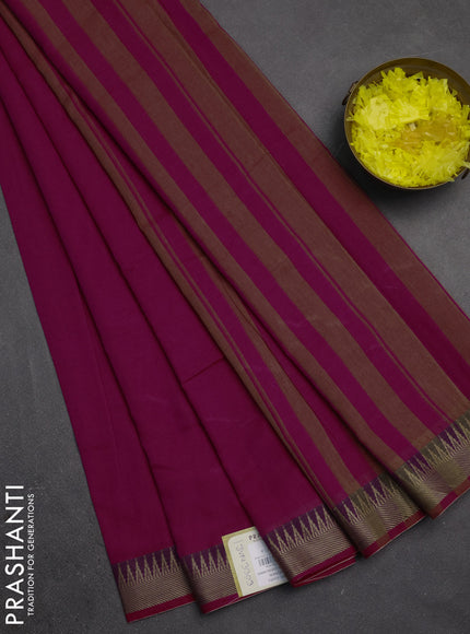 Narayanpet cotton saree magenta pink with plain body and temple design thraed woven border