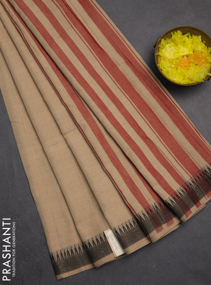 Narayanpet cotton saree sandal with plain body and temple design thraed woven border