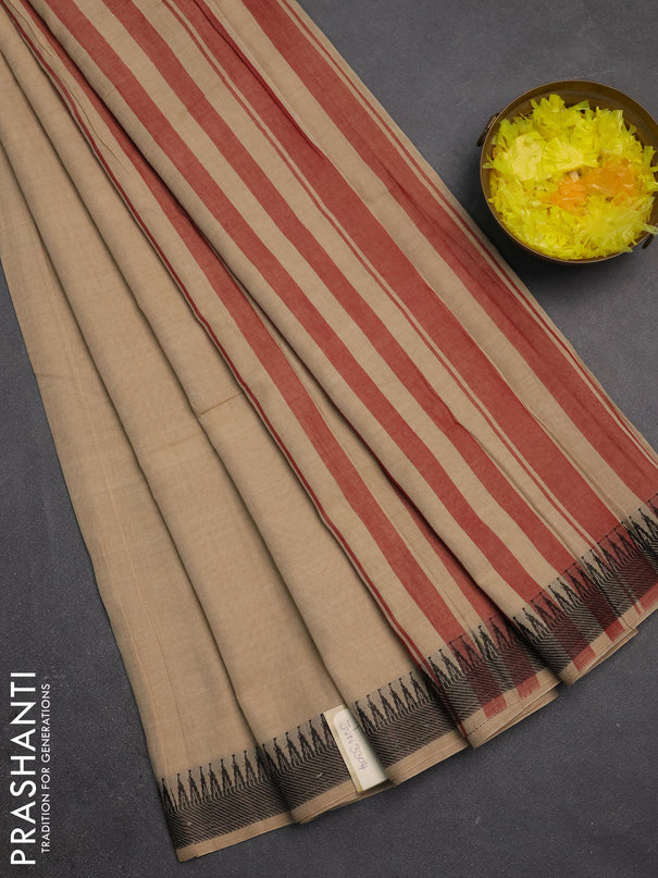 Narayanpet cotton saree sandal with plain body and temple design thraed woven border