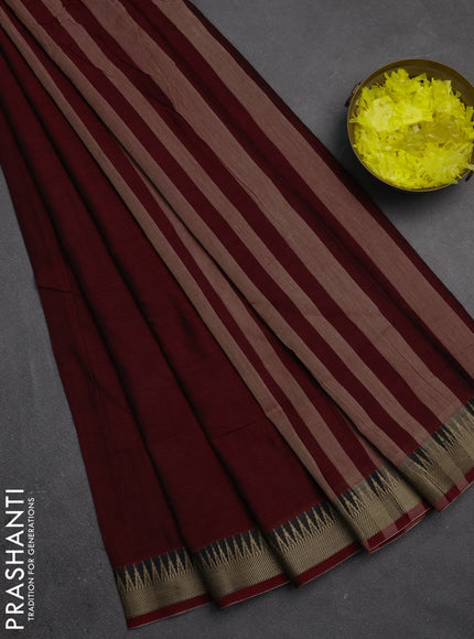 Narayanpet cotton saree deep maroon and black with plain body and temple design thraed woven border