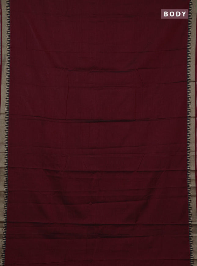 Narayanpet cotton saree deep maroon and black with plain body and temple design thraed woven border