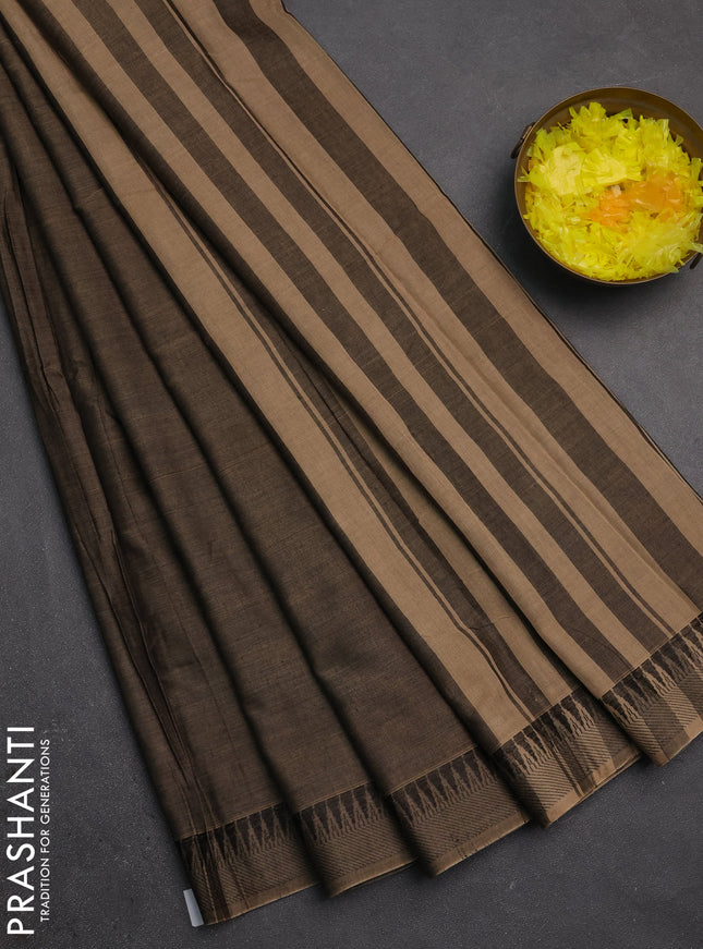 Narayanpet cotton saree chikku shade with plain body and temple design thraed woven border