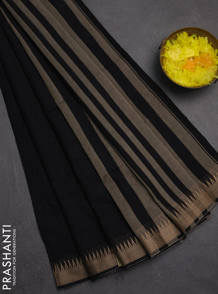 Narayanpet cotton saree black with plain body and temple design thraed woven border