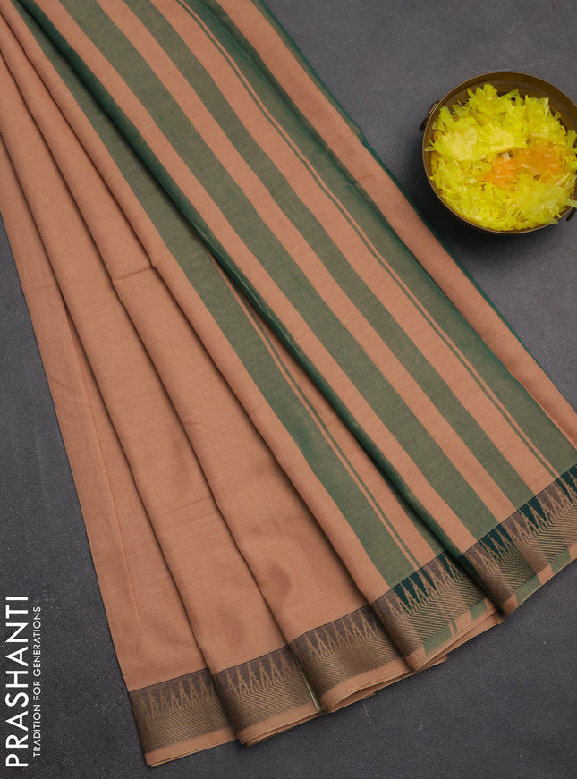 Narayanpet cotton saree peach shade with plain body and temple design thraed woven border