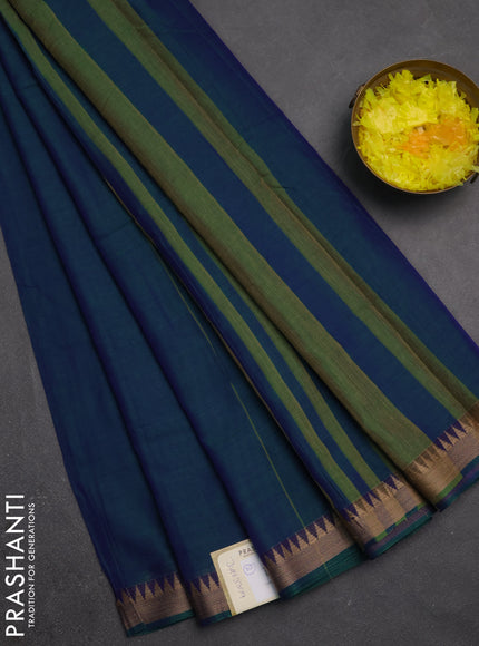 Narayanpet cotton saree dual shade of bluish green with plain body and temple design thraed woven border