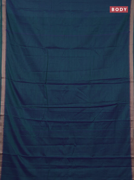 Narayanpet cotton saree dual shade of bluish green with plain body and temple design thraed woven border