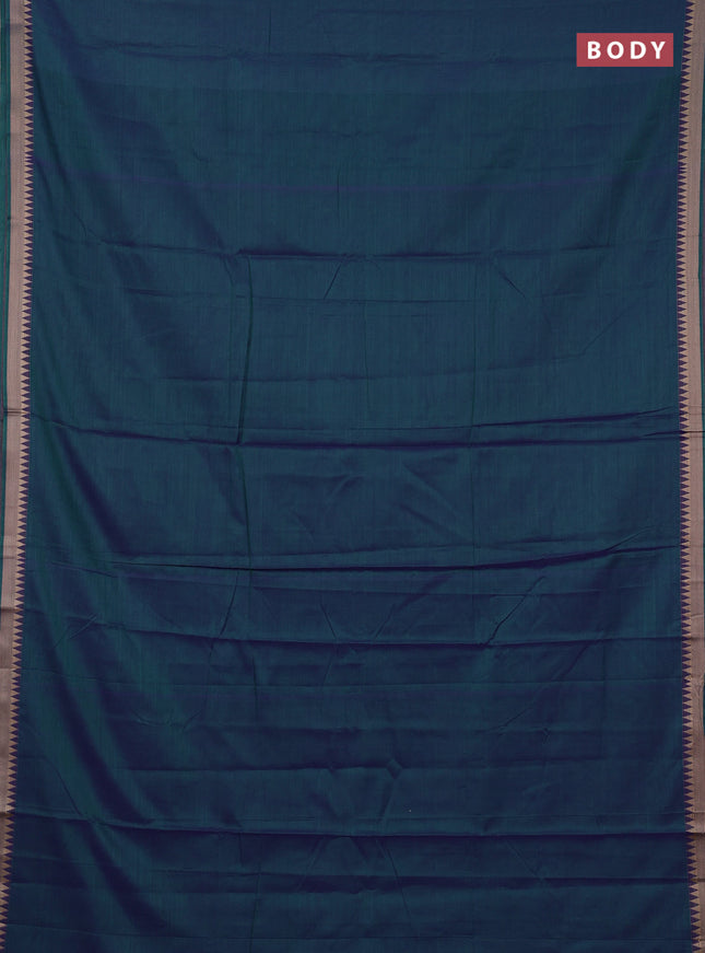 Narayanpet cotton saree dual shade of bluish green with plain body and temple design thraed woven border