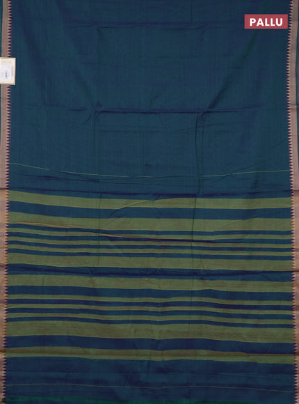 Narayanpet cotton saree dual shade of bluish green with plain body and temple design thraed woven border