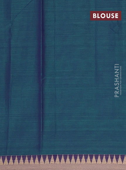 Narayanpet cotton saree dual shade of bluish green with plain body and temple design thraed woven border