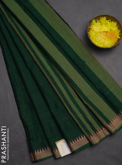 Narayanpet cotton saree bottle green with plain body and temple design thraed woven border