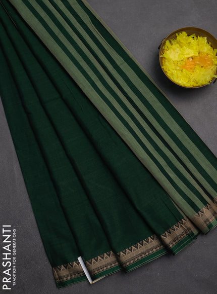 Narayanpet cotton saree green with plain body and temple design thraed woven border