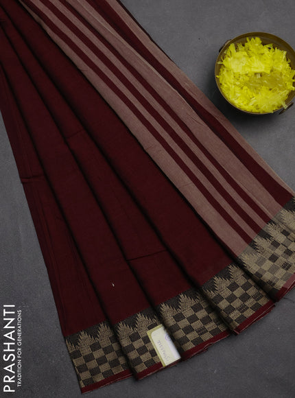 Narayanpet cotton saree deep maroon and black with plain body and temple design thraed woven border