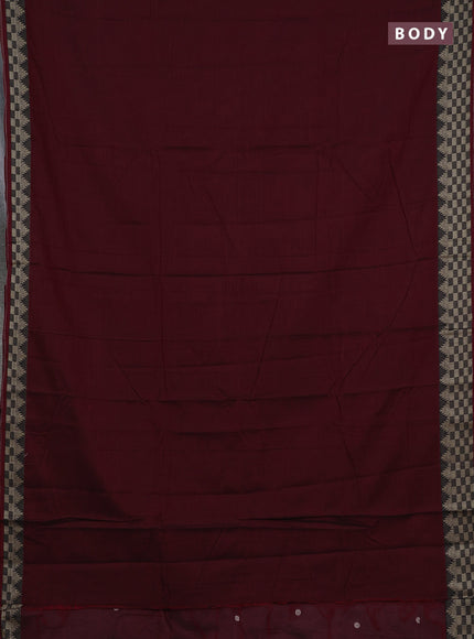 Narayanpet cotton saree deep maroon and black with plain body and temple design thraed woven border