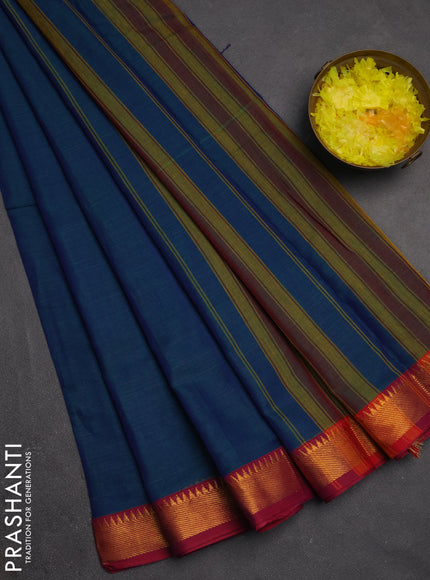 Narayanpet cotton saree dual shade of bluish green and pink with plain body and temple design thread woven border