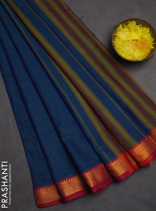 Narayanpet cotton saree dual shade of bluish green and pink with plain body and temple design thread woven border