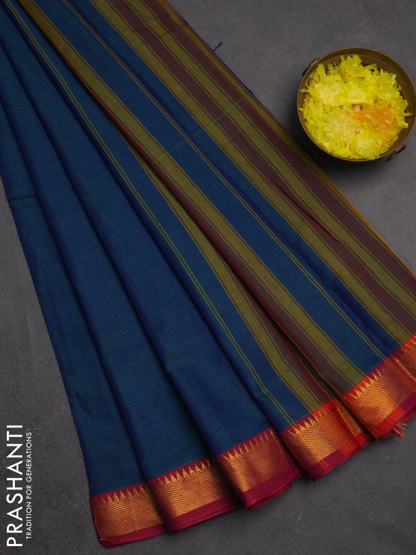 Narayanpet cotton saree dual shade of bluish green and pink with plain body and temple design thread woven border