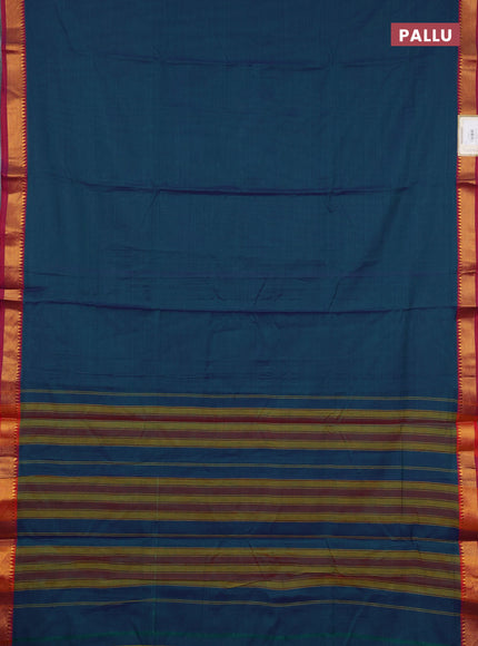 Narayanpet cotton saree dual shade of bluish green and pink with plain body and temple design thread woven border