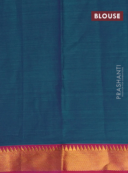Narayanpet cotton saree dual shade of bluish green and pink with plain body and temple design thread woven border