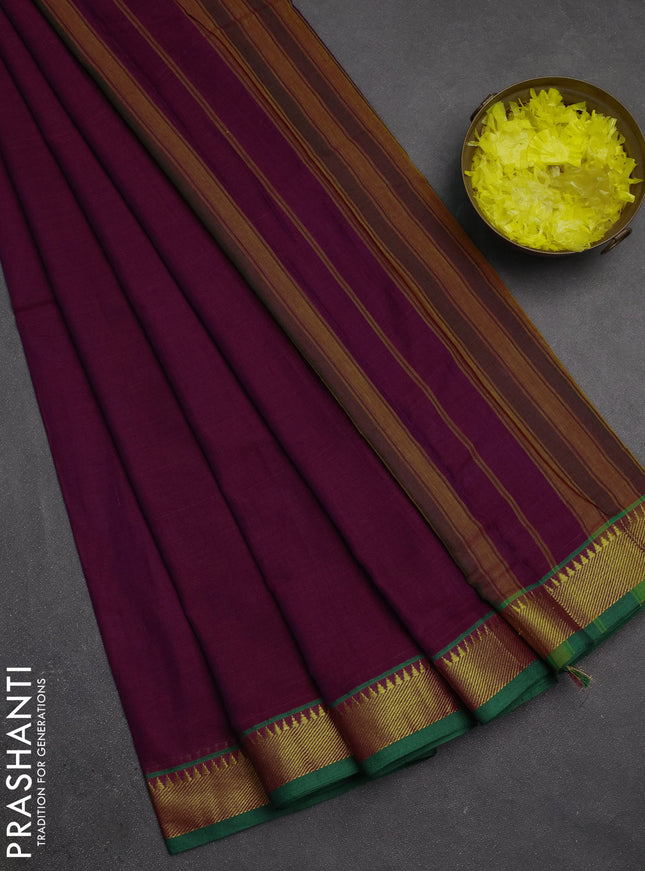 Narayanpet cotton saree magenta pink and green with plain body and temple zari woven border
