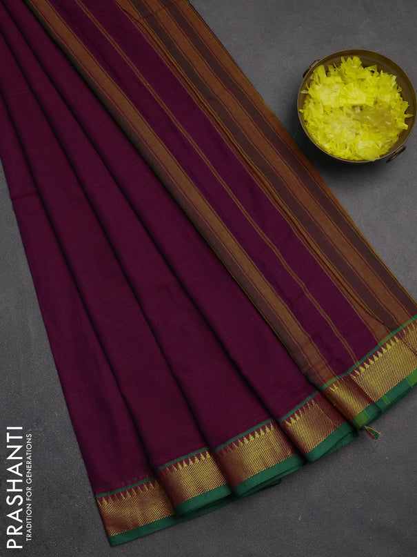 Narayanpet cotton saree magenta pink and green with plain body and temple zari woven border