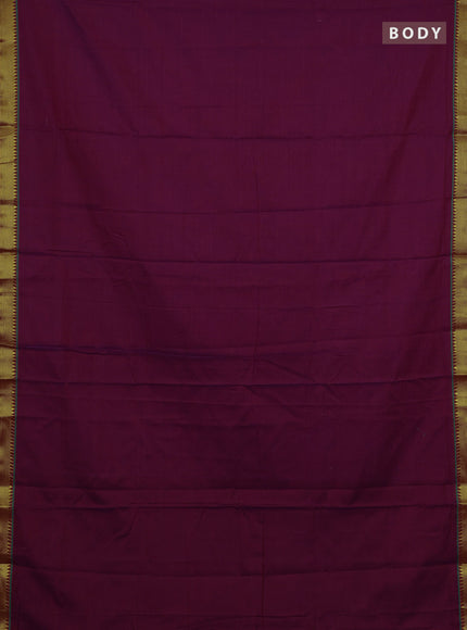 Narayanpet cotton saree magenta pink and green with plain body and temple zari woven border