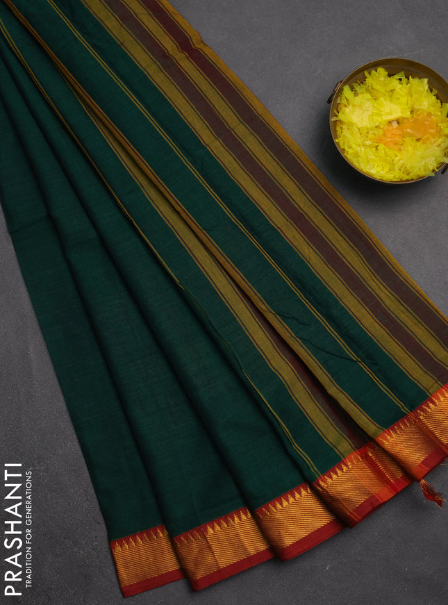 Narayanpet cotton saree green and maroon with plain body and temple zari woven border