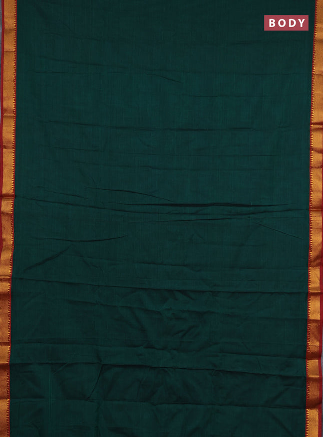 Narayanpet cotton saree green and maroon with plain body and temple zari woven border