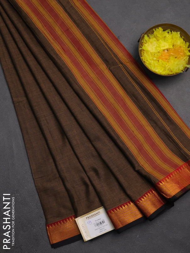Narayanpet cotton saree chikku shade and black with plain body and temple zari woven border