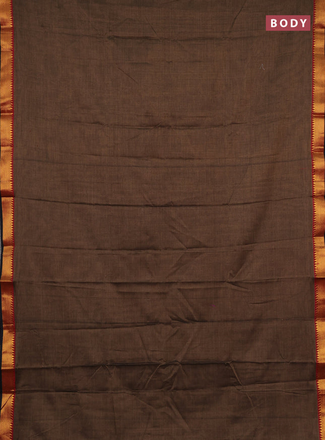 Narayanpet cotton saree chikku shade and black with plain body and temple zari woven border