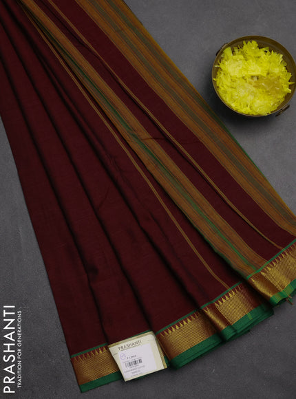 Narayanpet cotton saree geep maroon and green with plain body and temple zari woven border