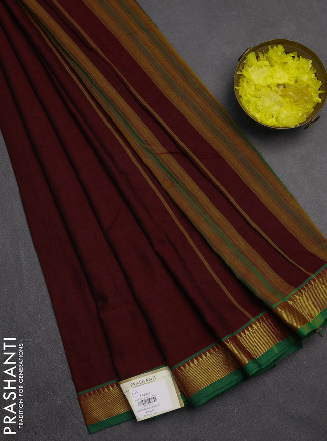 Narayanpet cotton saree geep maroon and green with plain body and temple zari woven border