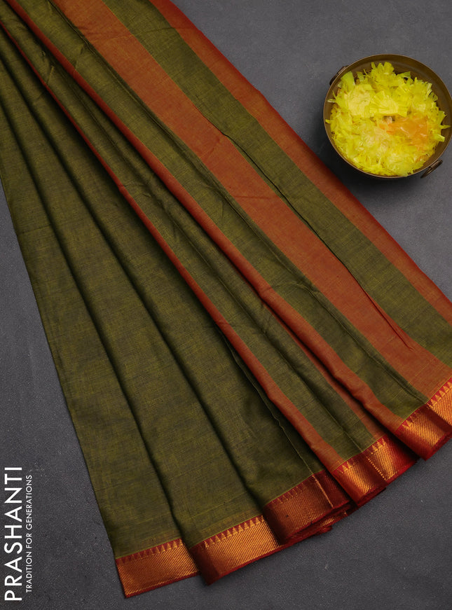 Narayanpet cotton saree light green and maroon with plain body and temple zari woven border