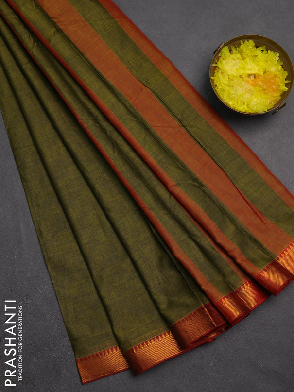 Narayanpet cotton saree light green and maroon with plain body and temple zari woven border