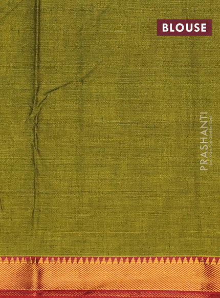 Narayanpet cotton saree light green and maroon with plain body and temple zari woven border